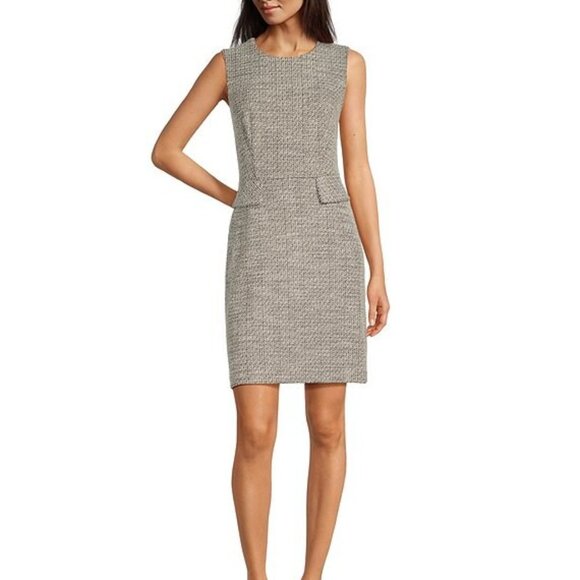 New! Calvin Klein Sleeveless Crew Neck Tweed Flap Pocket Sheath Dress - Picture 1 of 6